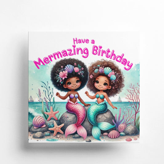 Mermazing Black/Mixed Heritage Mermaid Friends Happy Birthday card