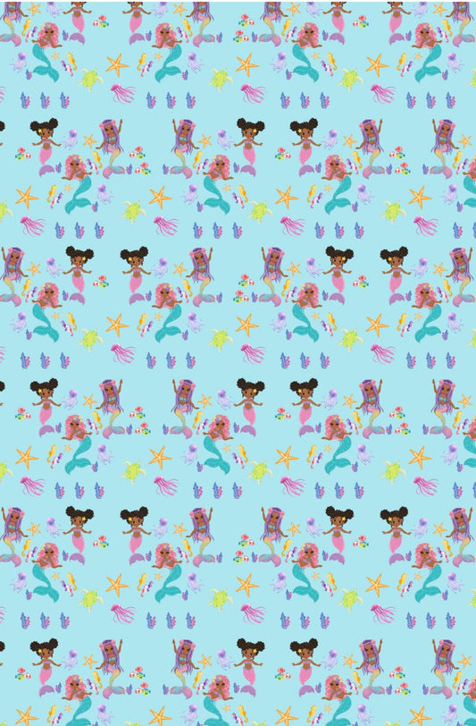2 sheets of Cute African American/Black Mermaids undersea Wrapping Paper/Gift Wrap