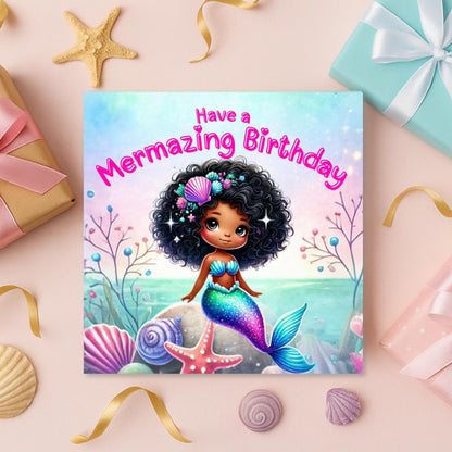 Mermazing Black/Mixed Heritage Mermaid Happy Birthday card
