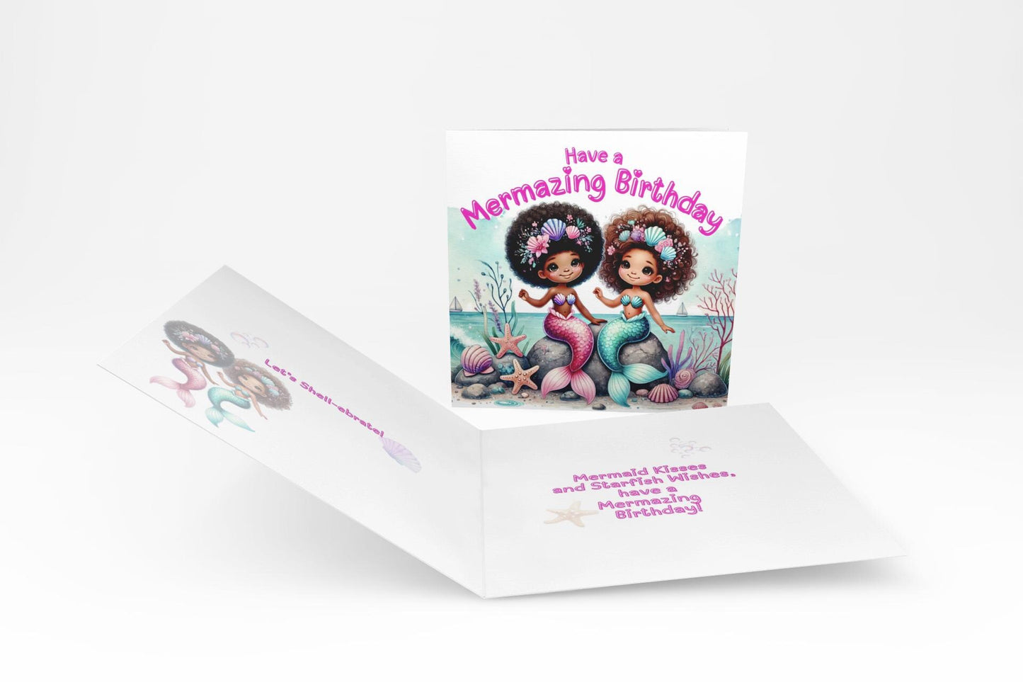 Mermazing Black/Mixed Heritage Mermaid Friends Happy Birthday card