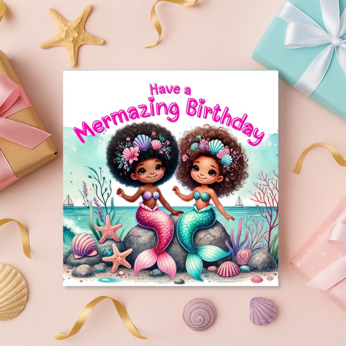 Mermazing Black/Mixed Heritage Mermaid Friends Happy Birthday card